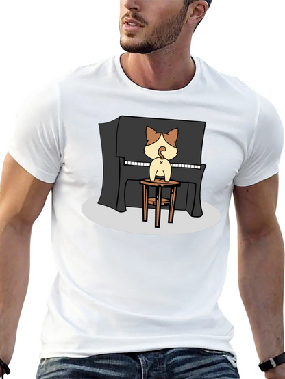 Camiseta Negra con Diseño de Gato Pianista