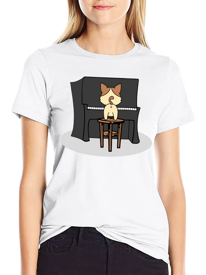 Camiseta Negra con Diseño de Gato Pianista