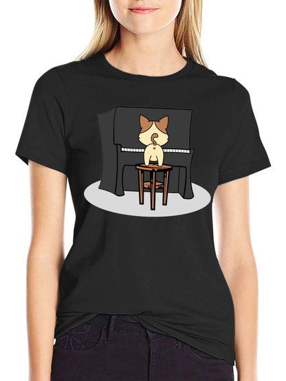 Camiseta Negra con Diseño de Gato Pianista