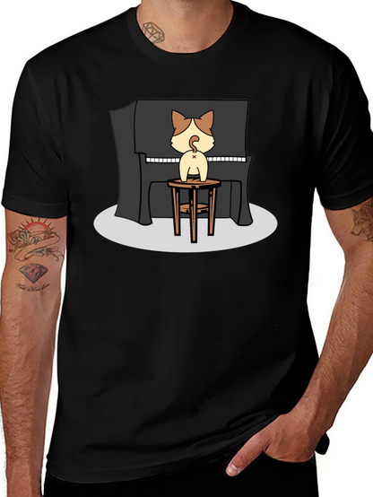 Camiseta Negra con Diseño de Gato Pianista