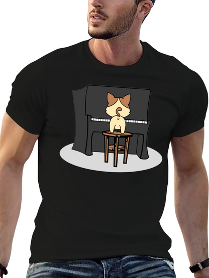 Camiseta Negra con Diseño de Gato Pianista