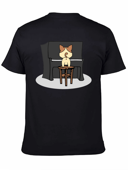 Camiseta Negra con Diseño de Gato Pianista