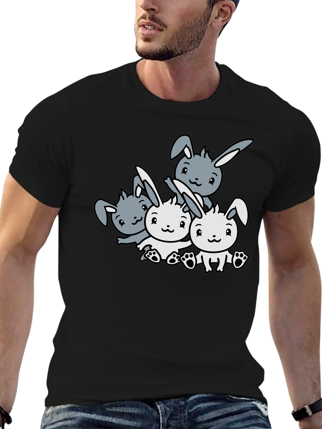 Camiseta Negra con Diseño de Conejitos Adorables