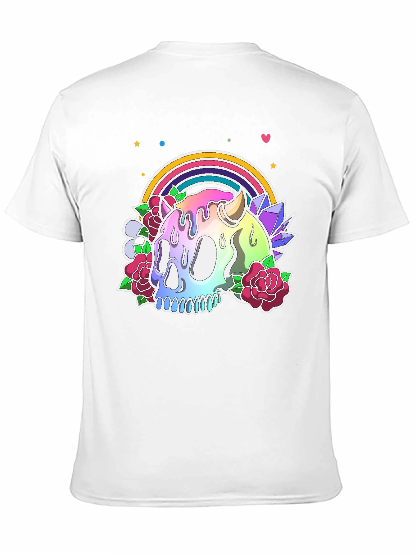 Camiseta Negra con Calavera Arcoíris y Flores