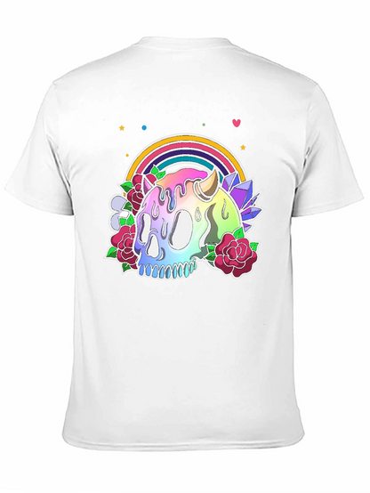 Camiseta Negra con Calavera Arcoíris y Flores
