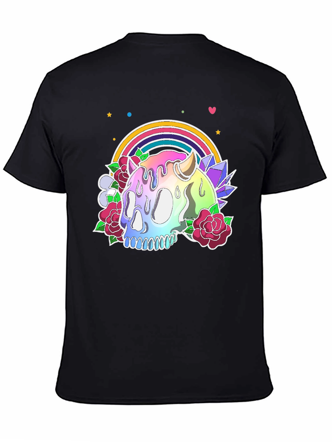 Camiseta Negra con Calavera Arcoíris y Flores
