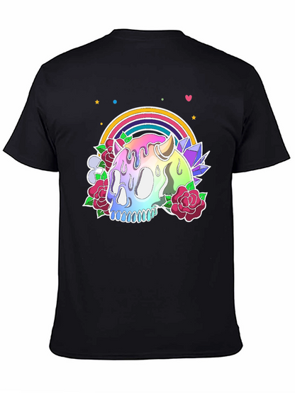 Camiseta Negra con Calavera Arcoíris y Flores