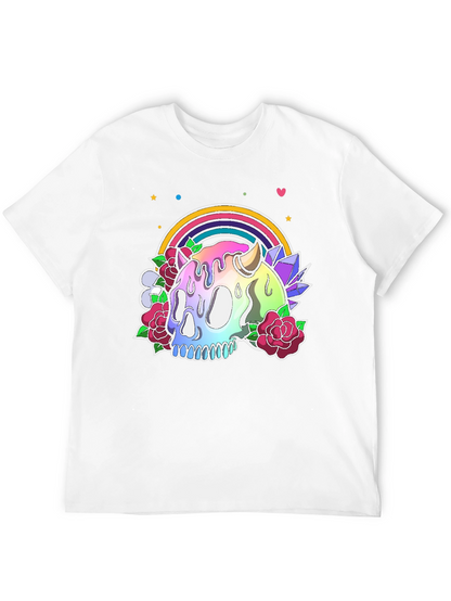 Camiseta Negra con Calavera Arcoíris y Flores