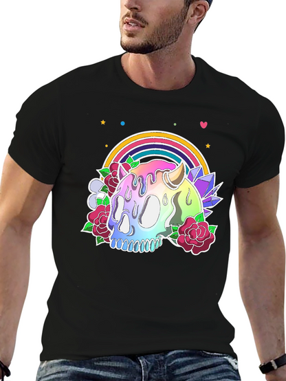 Camiseta Negra con Calavera Arcoíris y Flores