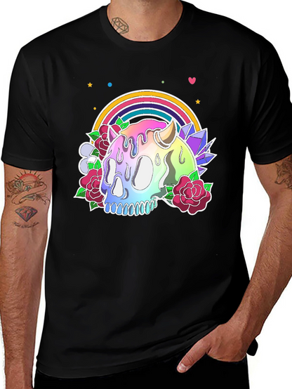 Camiseta Negra con Calavera Arcoíris y Flores
