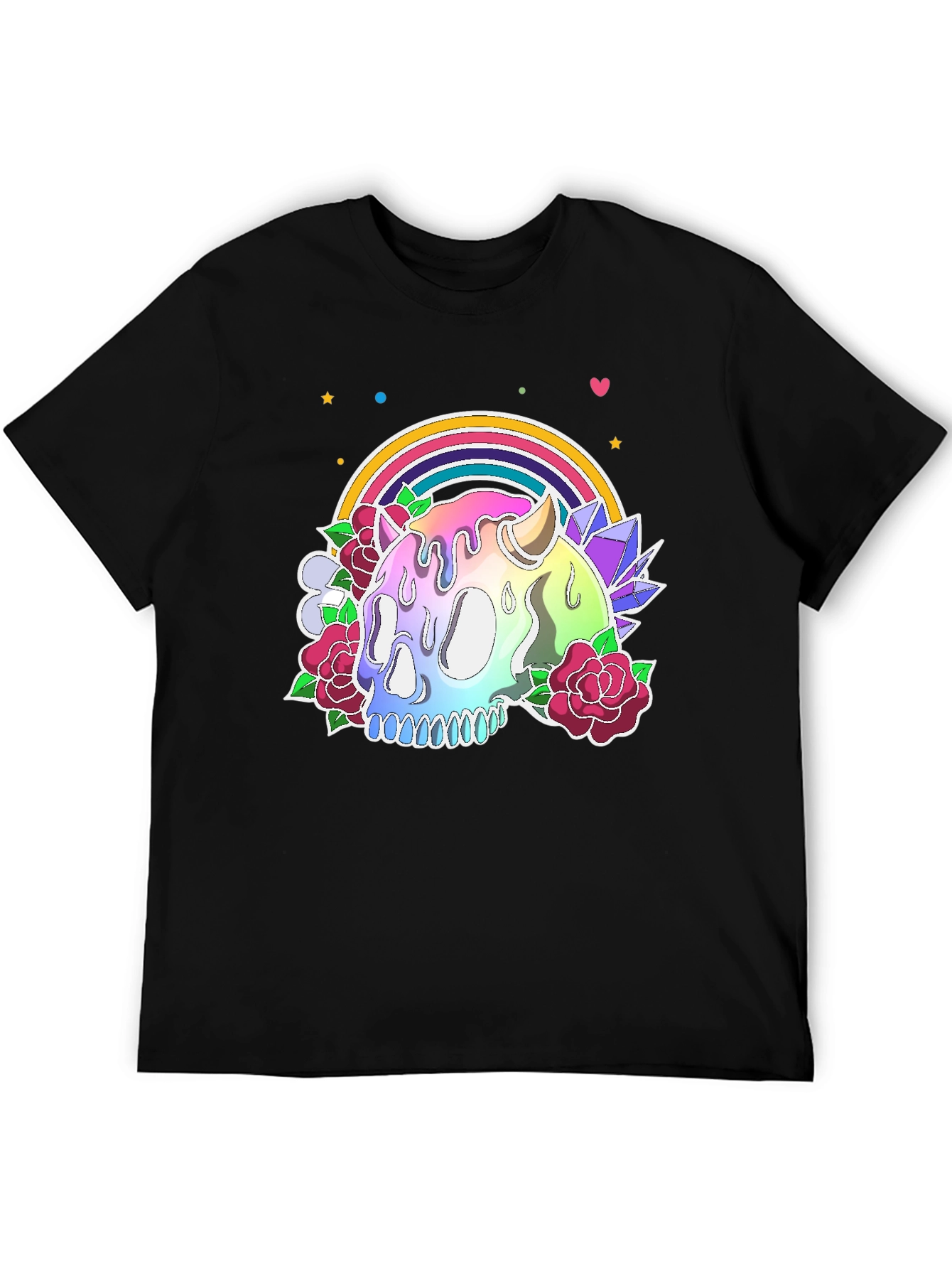 Camiseta Negra con Calavera Arcoíris y Flores