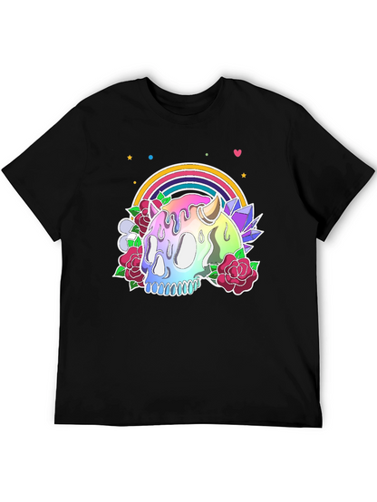 Camiseta Negra con Calavera Arcoíris y Flores