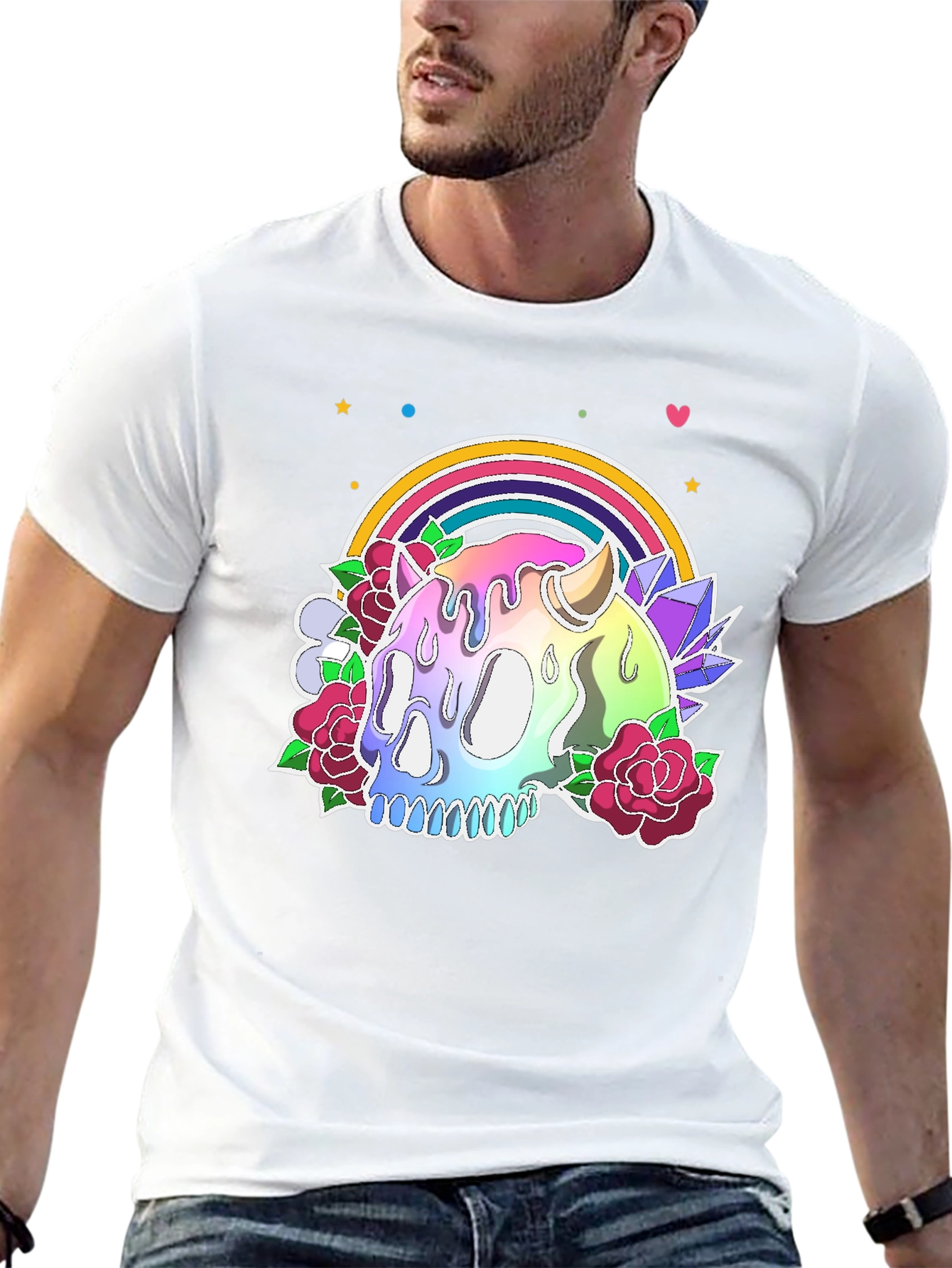Camiseta Negra con Calavera Arcoíris y Flores