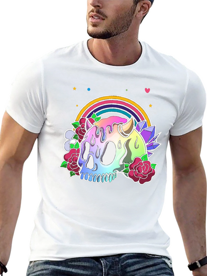 Camiseta Negra con Calavera Arcoíris y Flores