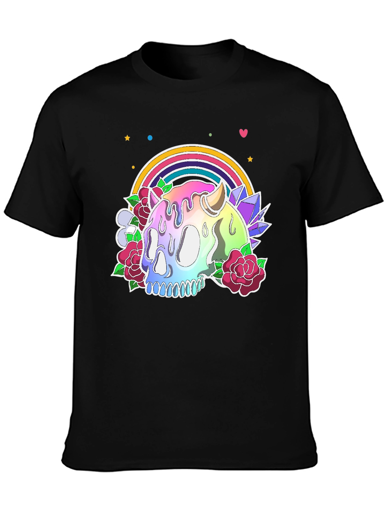 Camiseta Negra con Calavera Arcoíris y Flores