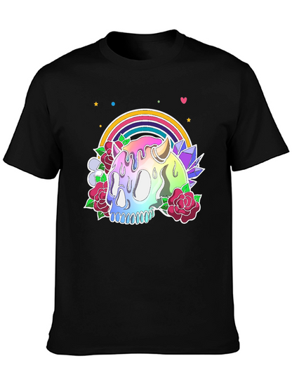 Camiseta Negra con Calavera Arcoíris y Flores