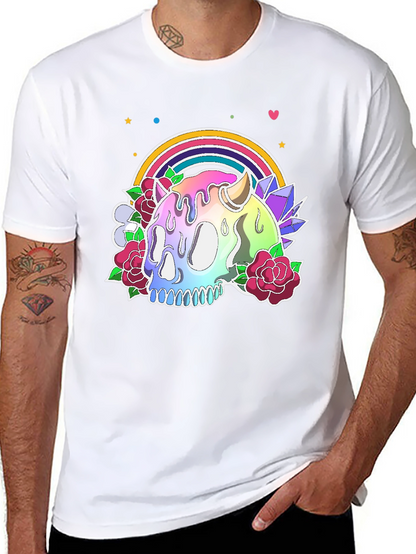 Camiseta Negra con Calavera Arcoíris y Flores