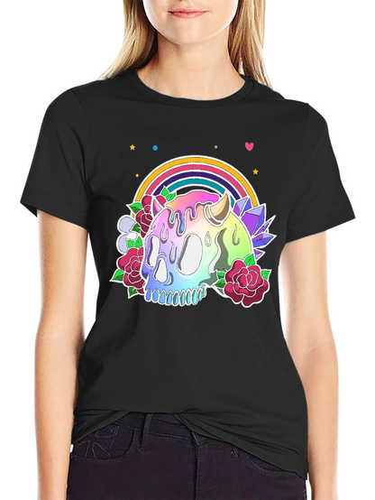 Camiseta Negra con Calavera Arcoíris y Flores