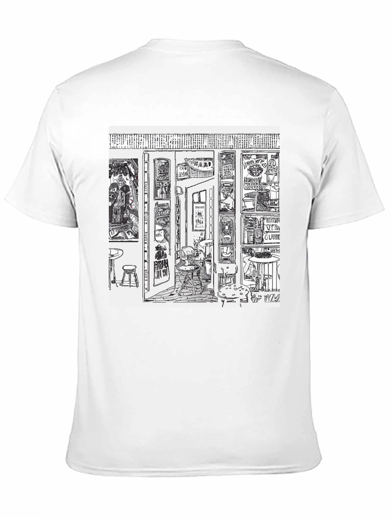 Camiseta Negra con Diseño Gráfico de Bar Artístico