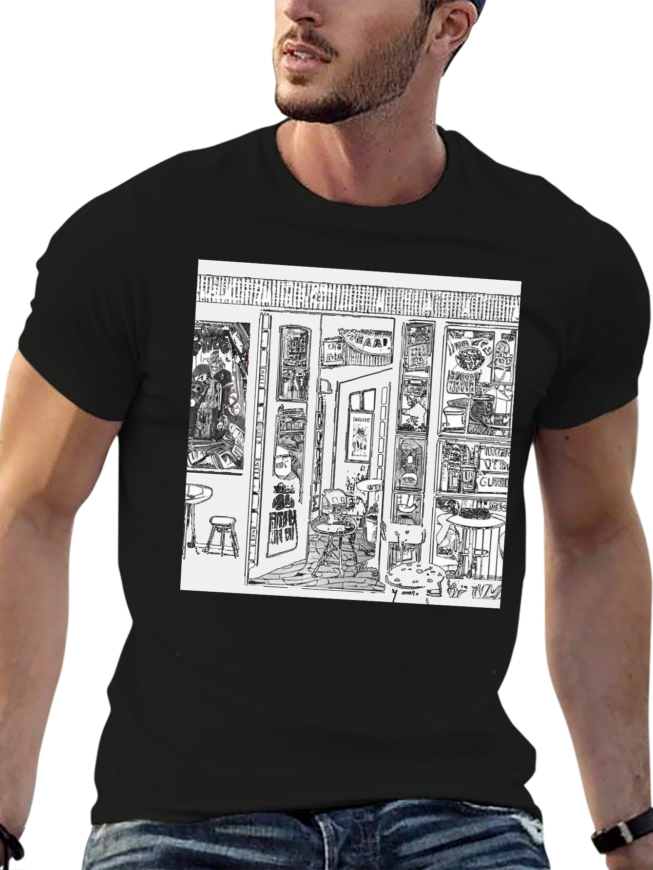 Camiseta Negra con Diseño Gráfico de Bar Artístico