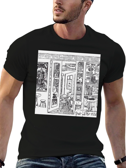 Camiseta Negra con Diseño Gráfico de Bar Artístico
