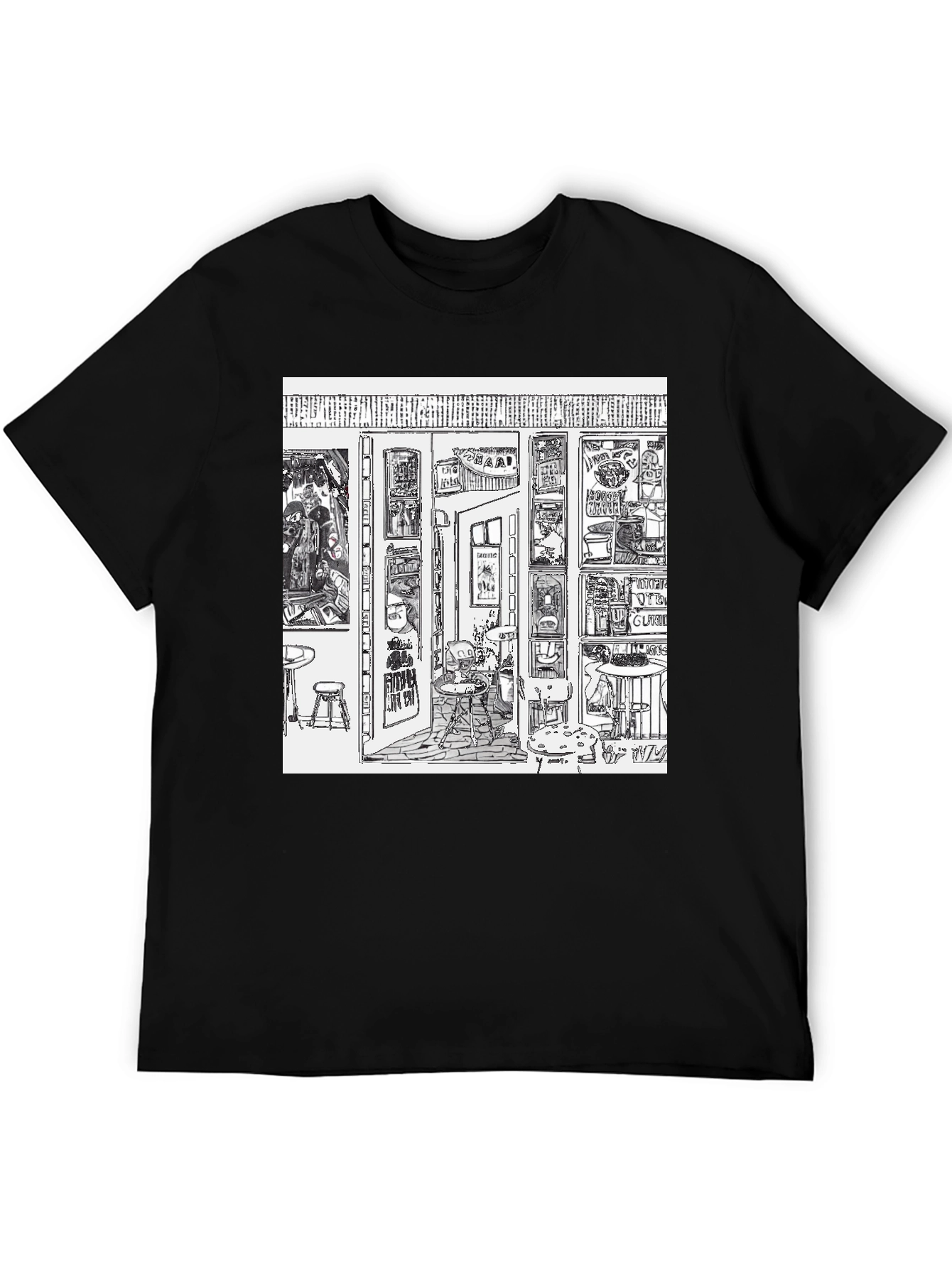 Camiseta Negra con Diseño Gráfico de Bar Artístico