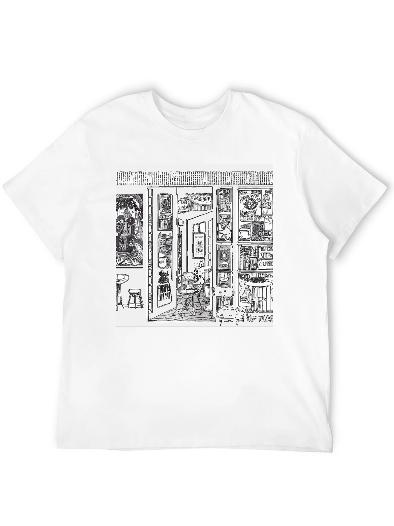 Camiseta Negra con Diseño Gráfico de Bar Artístico