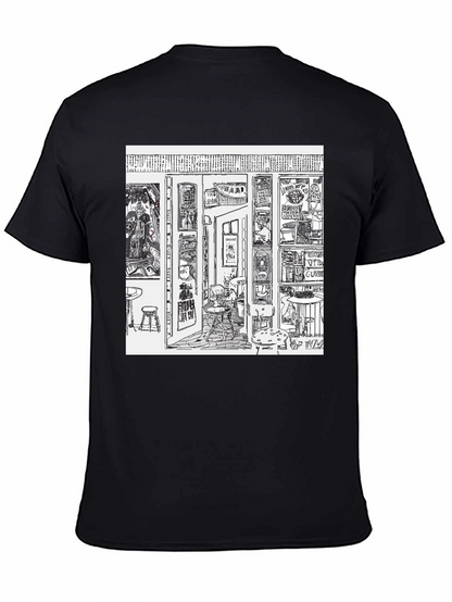 Camiseta Negra con Diseño Gráfico de Bar Artístico