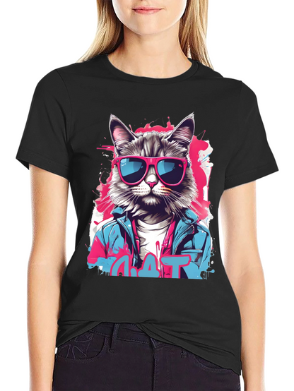 Camiseta Negra con Diseño de Gato Urbano