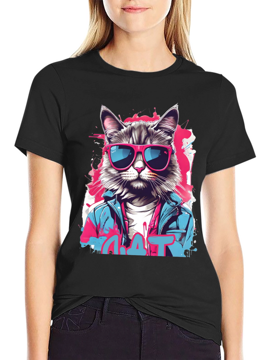 Camiseta Negra con Diseño de Gato Urbano
