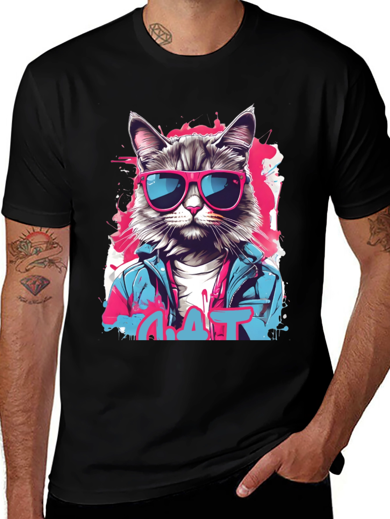 Camiseta Negra con Diseño de Gato Urbano