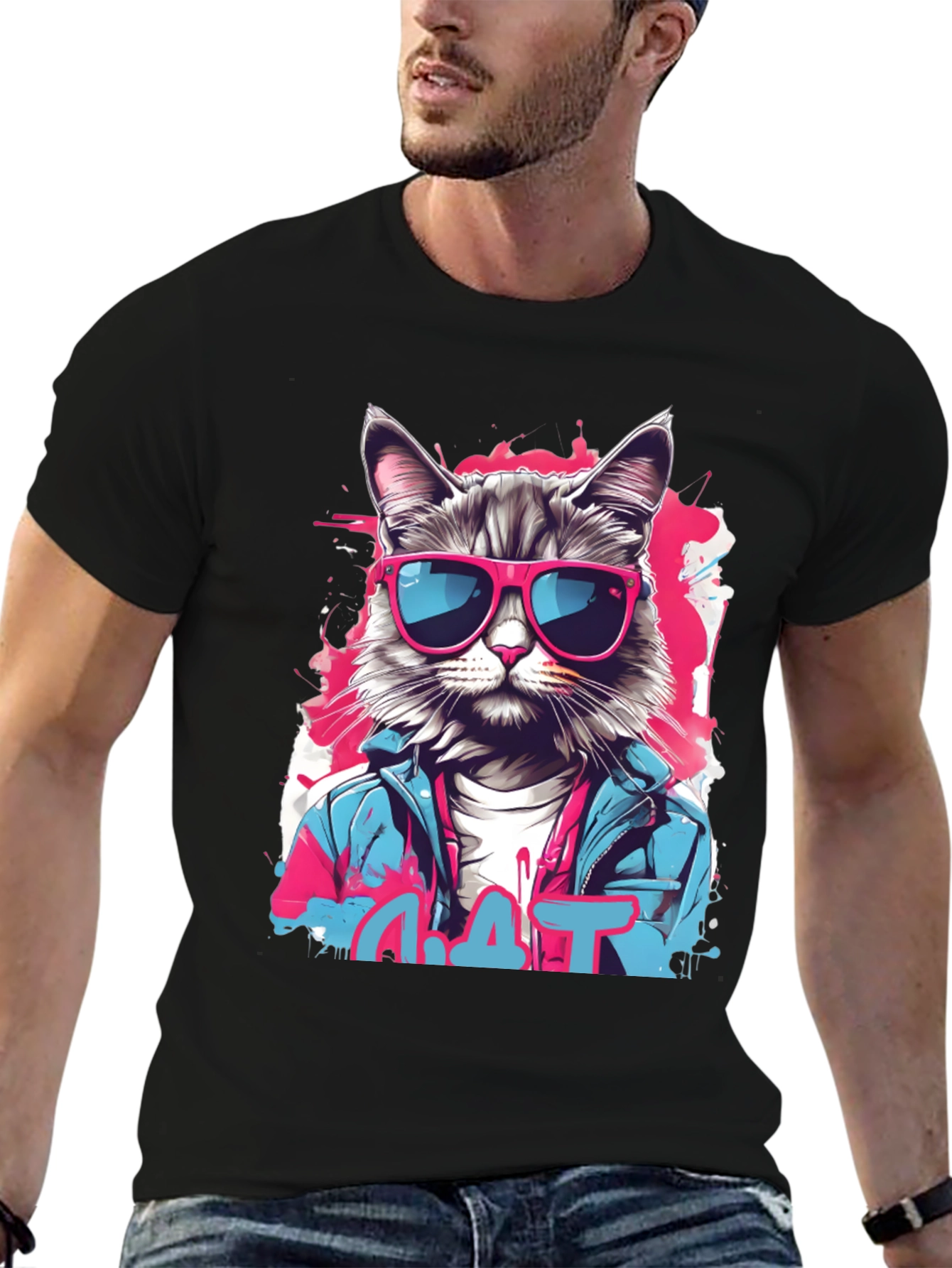 Camiseta Negra con Diseño de Gato Urbano