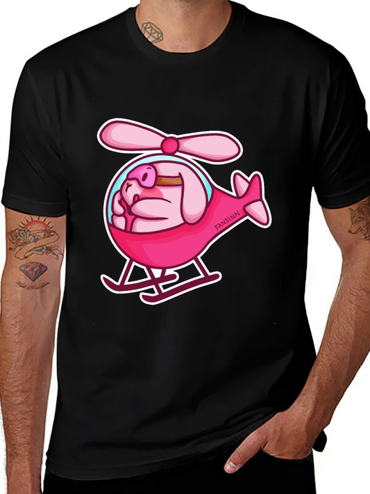 Camiseta Negra con Diseño Divertido de Cerdo Helicóptero