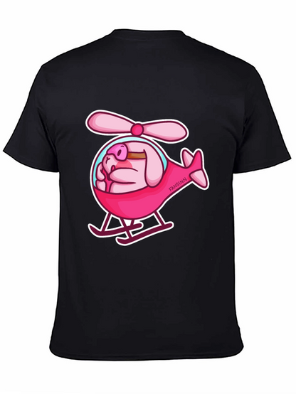 Camiseta Negra con Diseño Divertido de Cerdo Helicóptero
