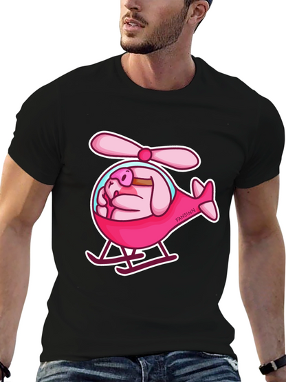 Camiseta Negra con Diseño Divertido de Cerdo Helicóptero