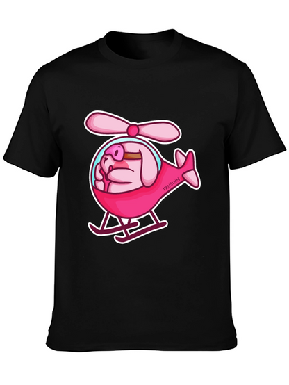 Camiseta Negra con Diseño Divertido de Cerdo Helicóptero