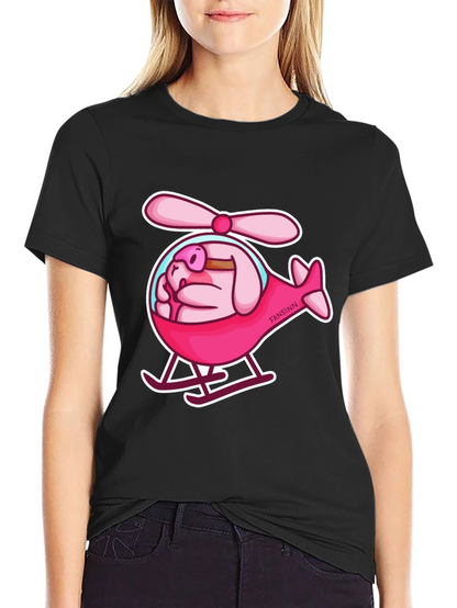Camiseta Negra con Diseño Divertido de Cerdo Helicóptero
