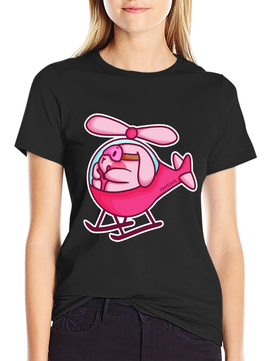 Camiseta Negra con Diseño Divertido de Cerdo Helicóptero