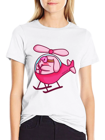 Camiseta Negra con Diseño Divertido de Cerdo Helicóptero