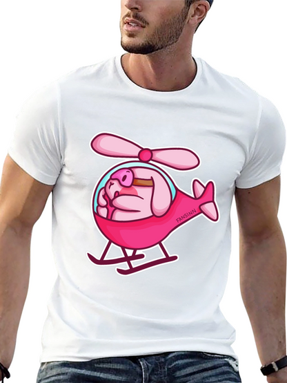 Camiseta Negra con Diseño Divertido de Cerdo Helicóptero