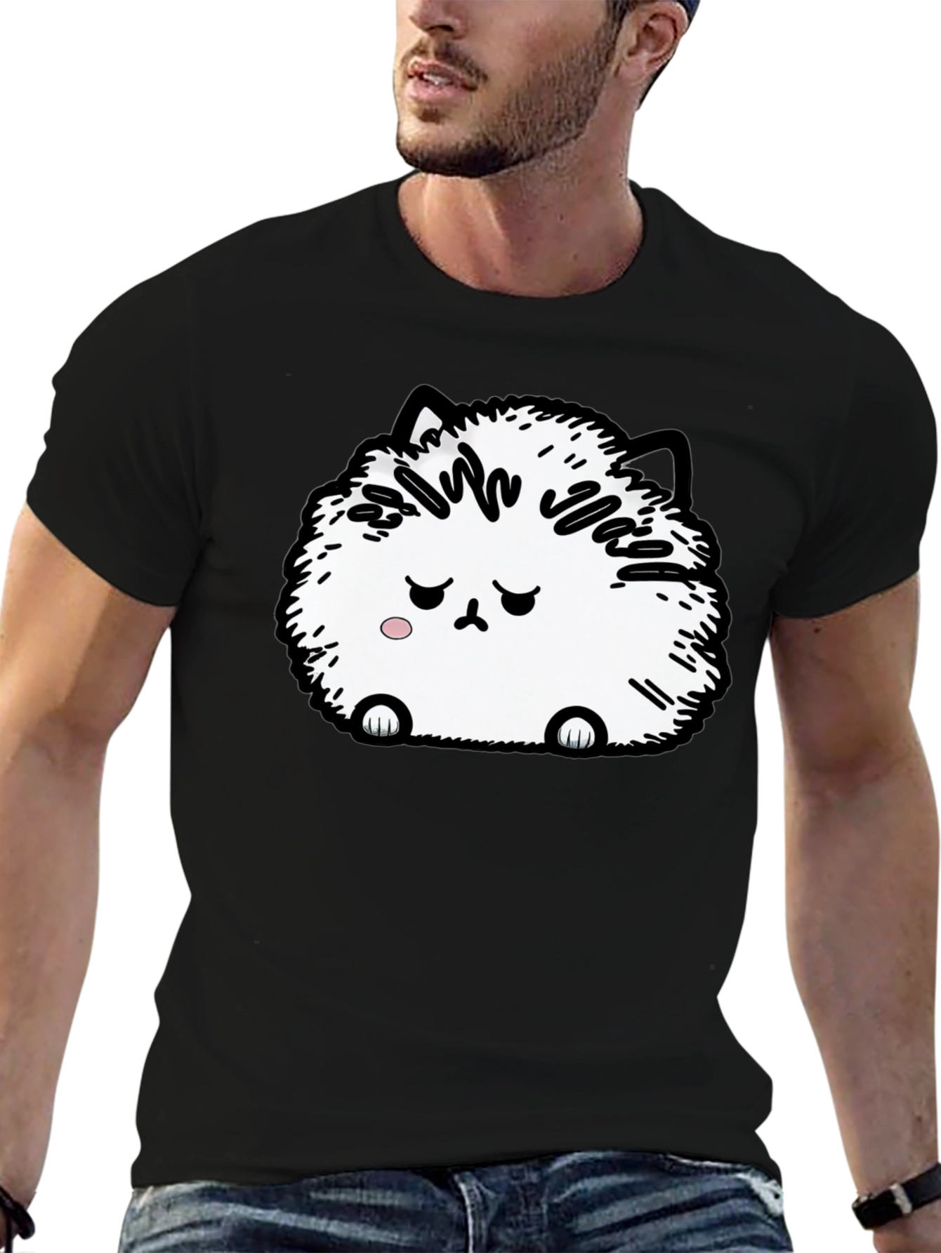 Camiseta Negra con Adorable Gato Peludo Triste