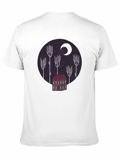 Camiseta Negra Diseño Noche Estrellada y Casa Misteriosa