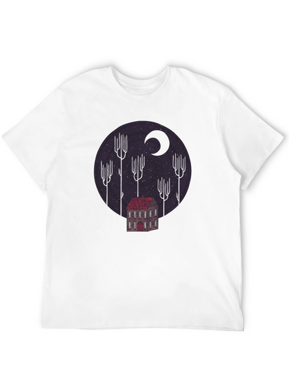 Camiseta Negra Diseño Noche Estrellada y Casa Misteriosa