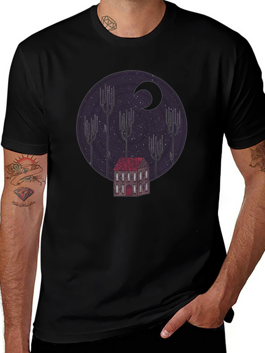 Camiseta Negra Diseño Noche Estrellada y Casa Misteriosa