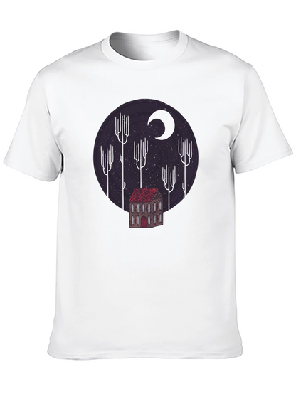 Camiseta Negra Diseño Noche Estrellada y Casa Misteriosa
