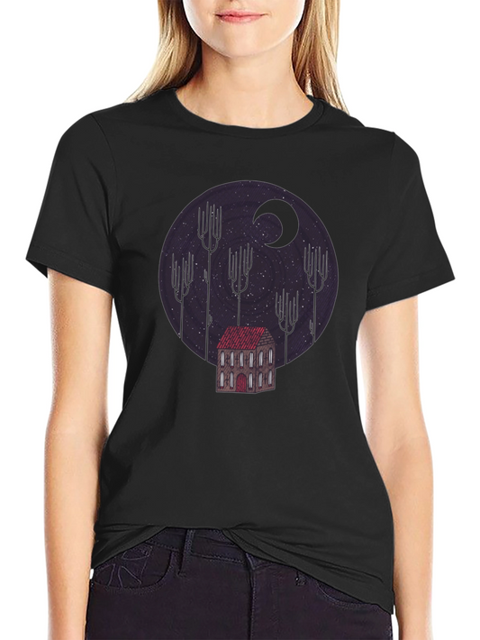 Camiseta Negra Diseño Noche Estrellada y Casa Misteriosa