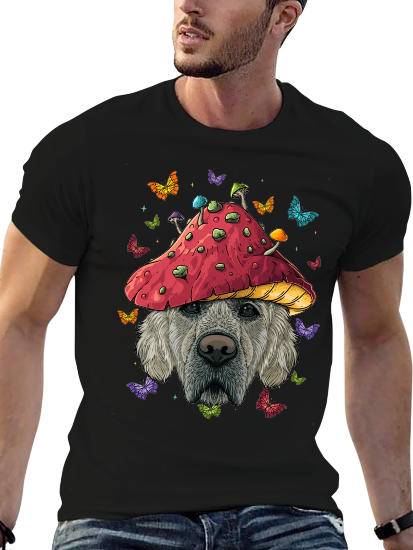 Camiseta Negra con Diseño de Perro y Hongo