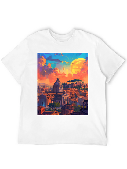 Camiseta Negra Impresión Artística Roma al Atardecer