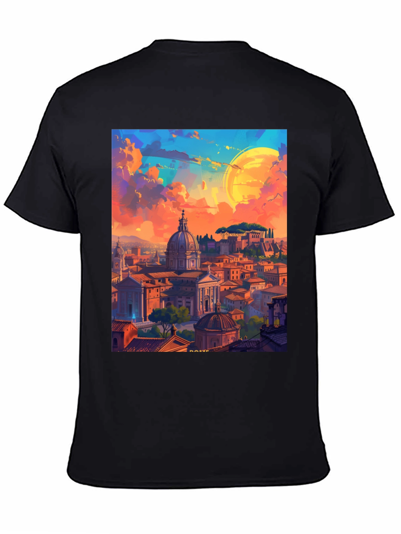 Camiseta Negra Impresión Artística Roma al Atardecer
