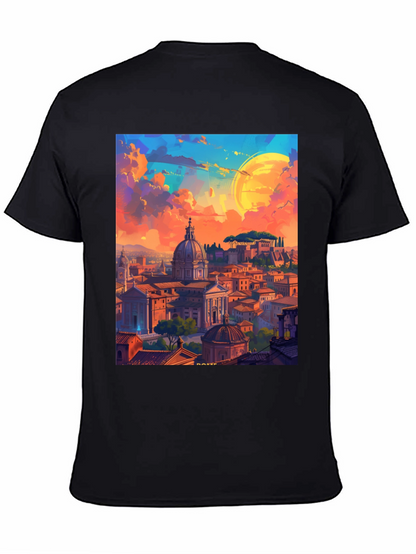 Camiseta Negra Impresión Artística Roma al Atardecer